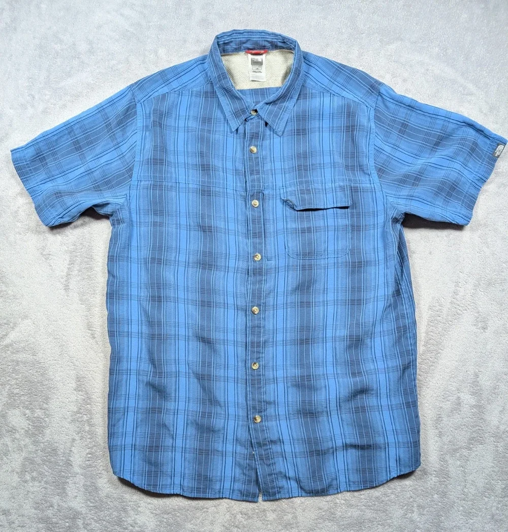 The North Face Button Up Shirt Men Large Blue Plaid Outdoor Hiking Casual Pocket
